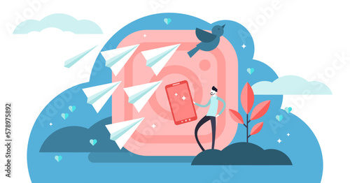 Followers illustration, transparent background. Flat tiny insta social media persons concept. Photo blog for leaders, influencers and friends. Follow and message tweet bird symbol.