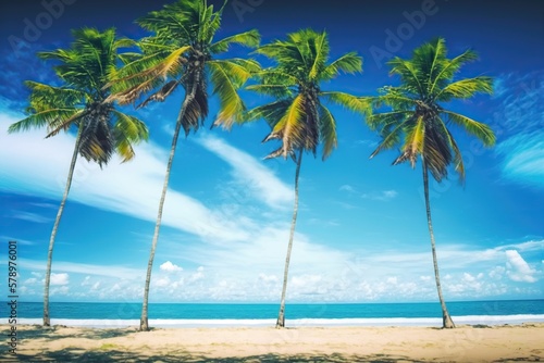 Palm trees and sea. Generative AI © Evarelle