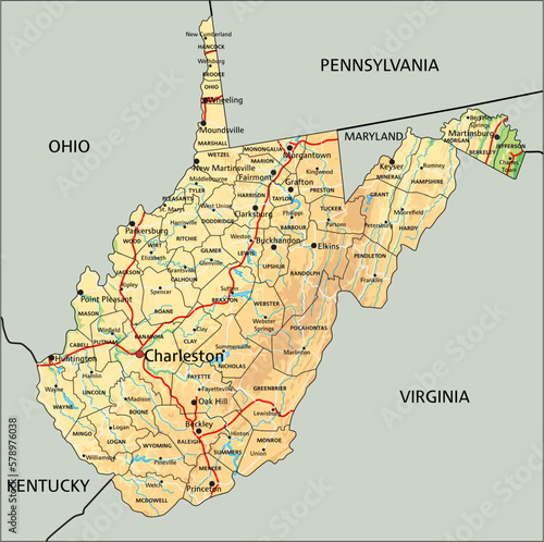 High detailed West Virginia physical map with labeling.