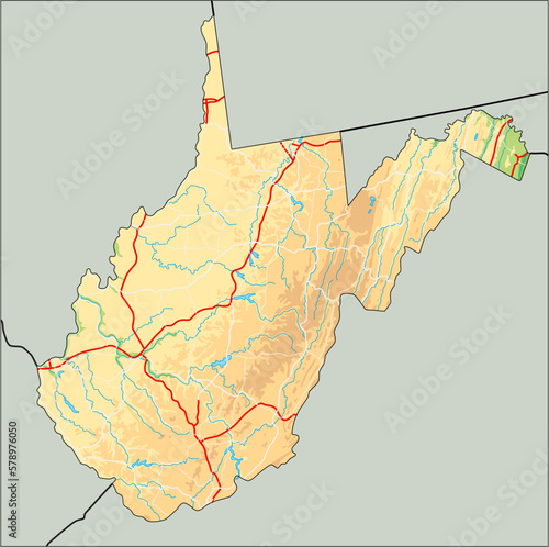 High detailed West Virginia physical map.