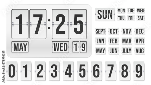Flip clock. Countdown mechanical timer with hour date month indicators, analog time board display with number counter. Vector illustration