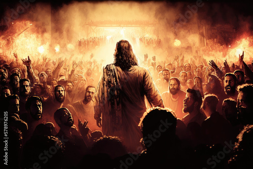 Illustration revelation of Jesus Christ, new testament, religion of christianity, heaven and hell over the crowd of people, Jerusalem of the bible, generative AI