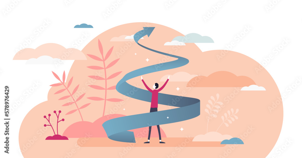 Growth spiral illustration, transparent background. Personality development flat tiny persons concept. Increase career and self improvement visualization with upward spiral arrow and motivation. - obrazy, fototapety, plakaty 