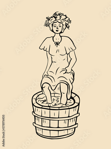 Beautiful woman crushing grapes with her feet to make wine. Engraving style. Vector illustration.
