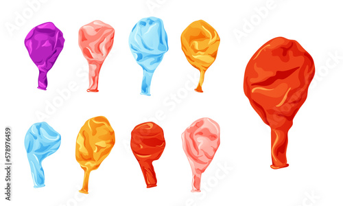 Rubber balloon blowing process. Uninflated latex ballon isolated on white background. Cartoon decorative element for birthday. Vector illustration