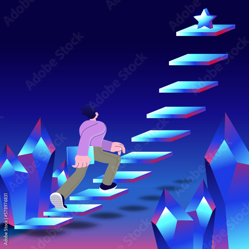Career development infographics banner, ladder to success. Businessman climbs up stairs from start.flat style design business concept. Vector illustrations.