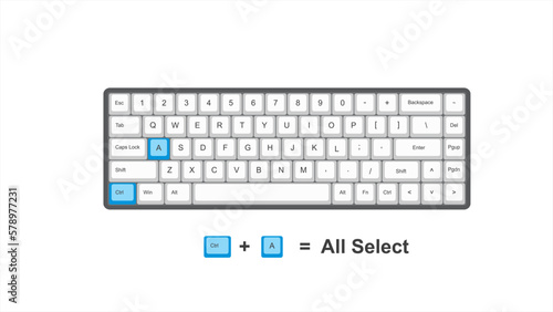 vector control ctrl+ A = All Select - keyboard shortcuts - windows with keyboard white and blue illustration and transparent background isolated Hotkeys