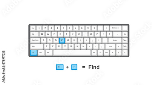 vector control ctrl+ F = Find - keyboard shortcuts - windows with keyboard white and blue illustration and transparent background isolated Hotkeys