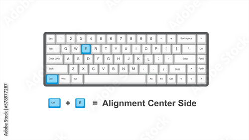 vector control ctrl+ E = Alignment center side - keyboard shortcuts - windows with keyboard white and blue illustration and transparent background isolated Hotkeys