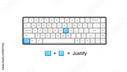 vector control ctrl + J = Justify - keyboard shortcuts - windows with keyboard white and blue illustration and transparent background isolated Hotkeys
