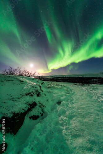 imagen de una aurora boreal en el cielo nocturno de Islandia, con estrellas de fondo y el paisaje nevado 