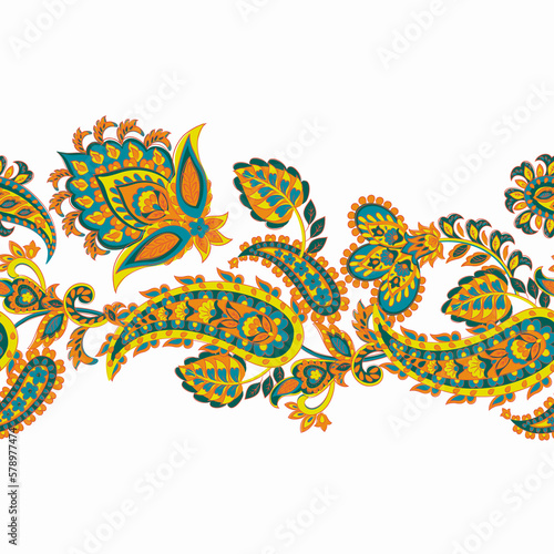 isolated seamless line of floral paisley ornament. Vector border for your design