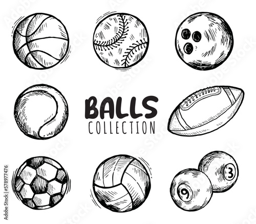 Hand drawn sketch set of sport balls isolated on white background.