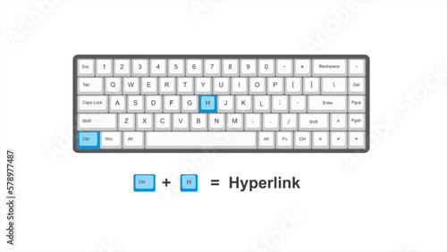 vector control ctrl + H = Hyperlink - keyboard shortcuts - windows with keyboard white and blue illustration and transparent background isolated Hotkeys