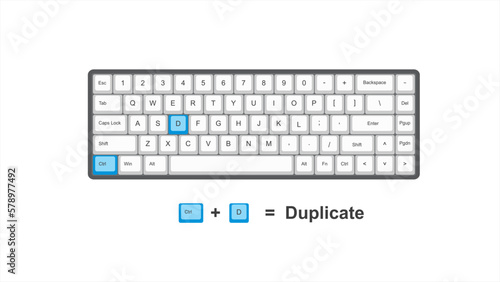 vector control ctrl + D = Duplicate - keyboard shortcuts - windows with keyboard white and blue illustration and transparent background isolated Hotkeys
