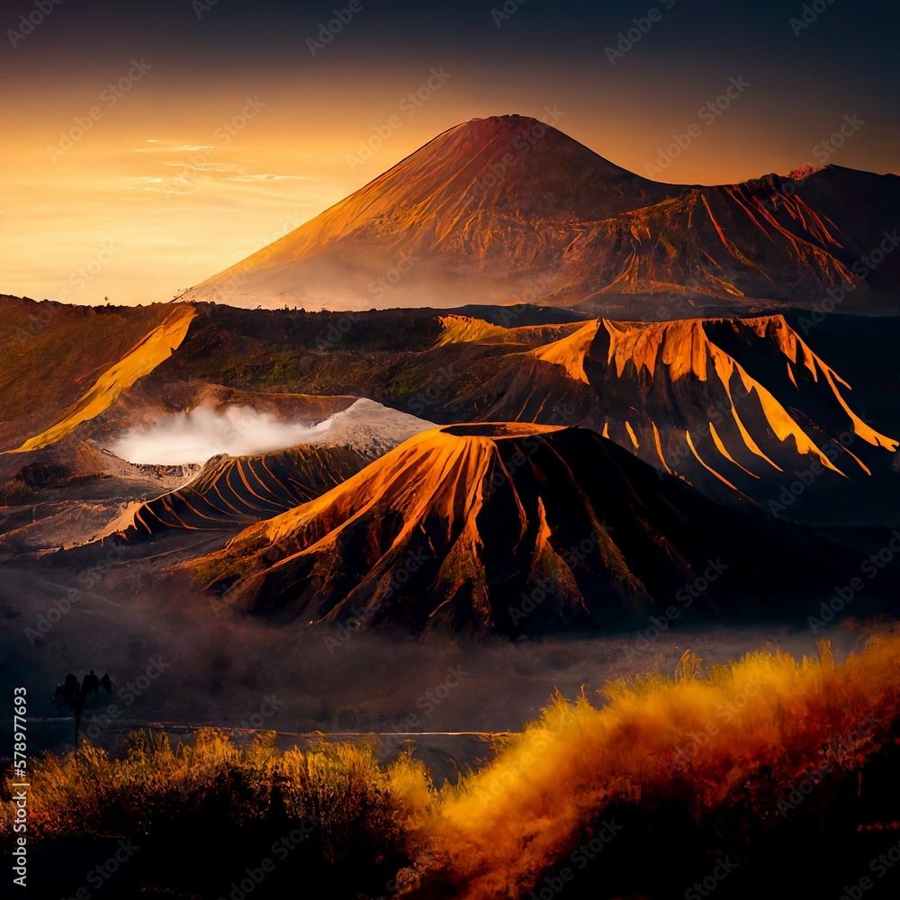 Mount Bromo in the afternoon with the color of the orange sunset ...
