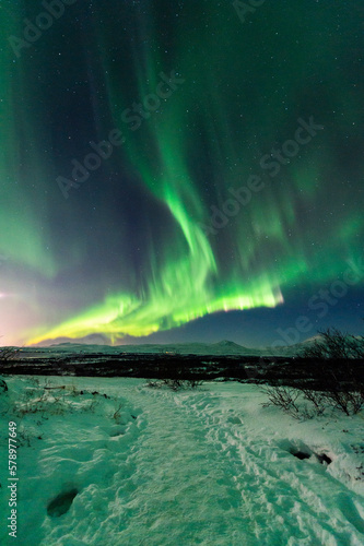 imagen de un paisaje nocturno nevado, con una aurora boreal en el cielo nocturno de Islandia 