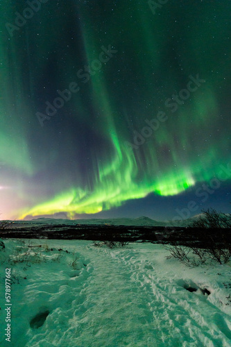 imagen de un paisaje nocturno natural nevado, con una aurora boreal en el cielo de Islandia 