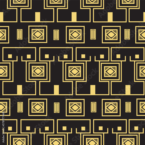 Art deco vector repeating seamless pattern with geometric shapes naked woman body with breast in gold and black color. 