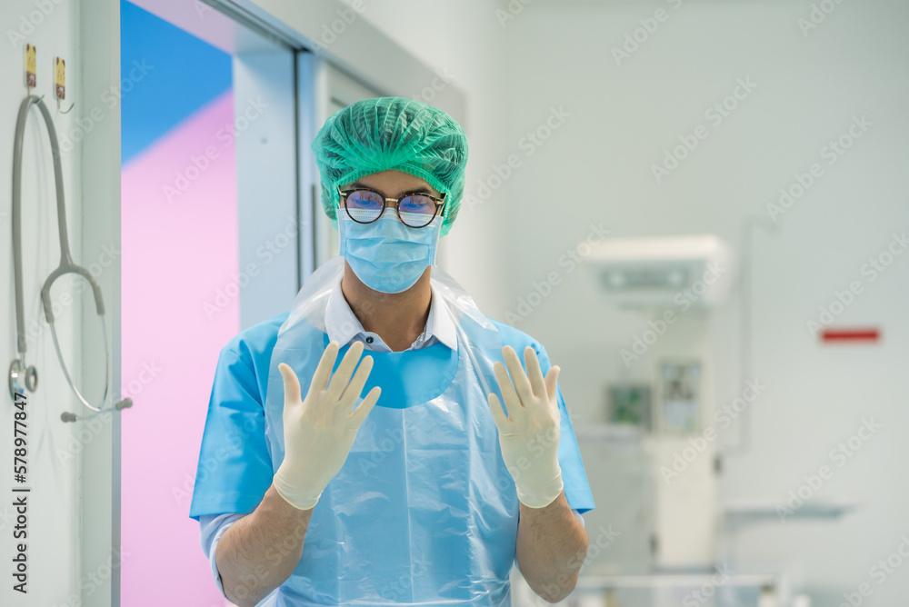 Foto de Man male obstetrician doctor portrait in uniform coat gown with