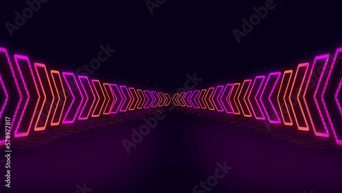 3d rendering led neon platform scene with arrows pointing to the centre of gradient orange and magenta colour background.