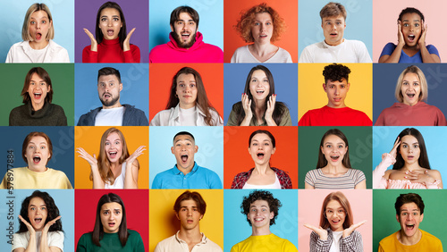Collage of ethnically diverse people, men and women expressing surprised, wow emotions over multicolored background. Youth team, job fair, ad concept