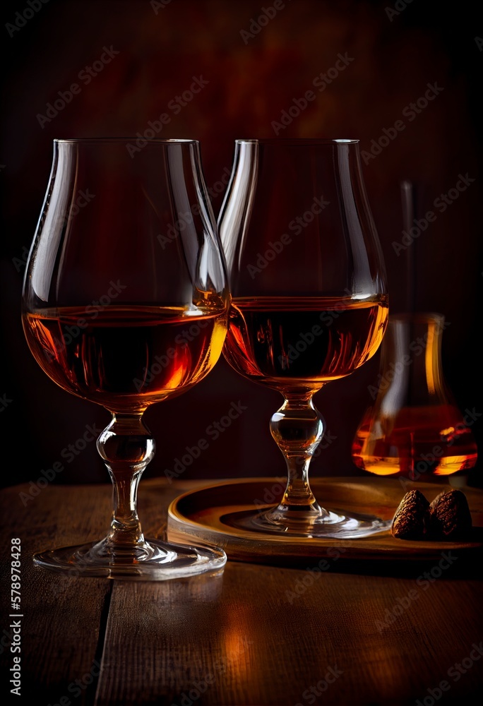 Scenic image of two glasses of cognac. AI Generative Art. Scenic image of two glasses of cognac. AI Generative Art.