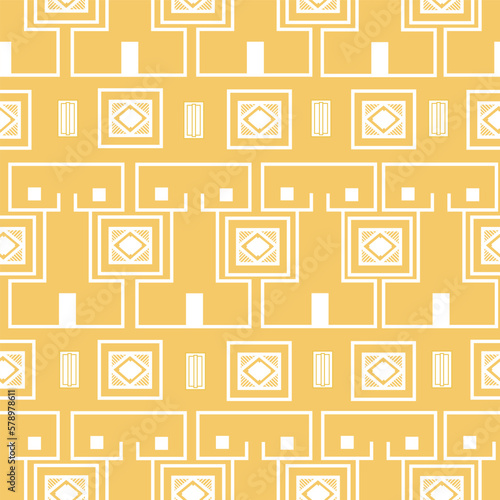 Vector seamless pattern, woman bodyes art deco kubismus style, white geometry lines on sun gold backrground. 