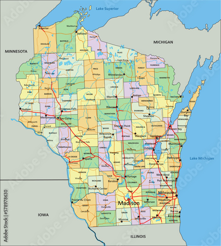 Wisconsin - Highly detailed editable political map with labeling.