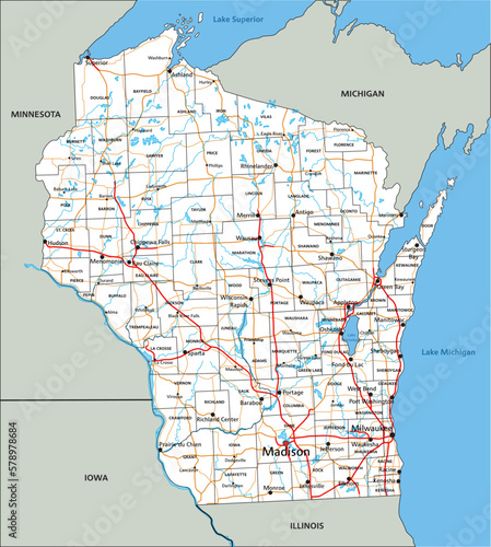 High detailed Wisconsin road map with labeling. photo