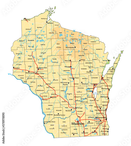 High detailed Wisconsin physical map with labeling.