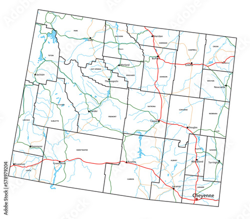Wyoming road and highway map. Vector illustration.