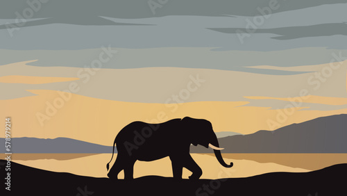 elephant walking through a serene landscape with rolling hills and a tranquil lake