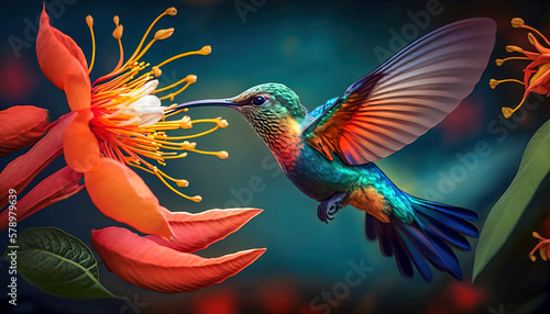 Hummingbird flying to pick up nectar from a beautiful flower. Digital ai artwork	

