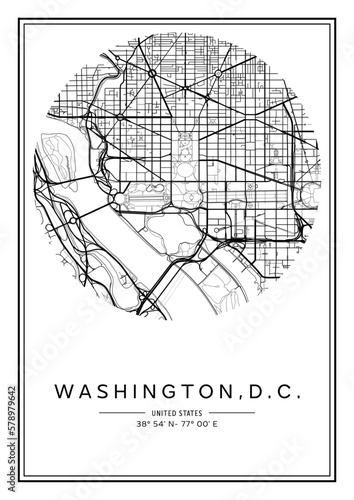 Black and white printable Washington, D.C. city map, poster design, vector illistration.