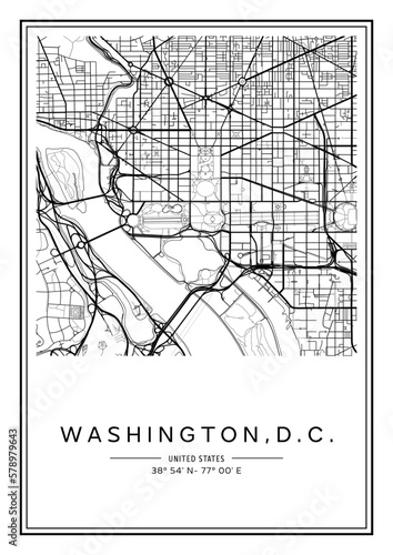 Black and white printable Washington, D.C. city map, poster design, vector illistration.