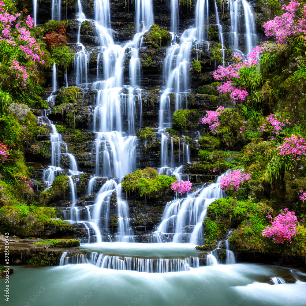 Naklejka premium Small Waterfall In the Tropical Jungle Generative AI Art
