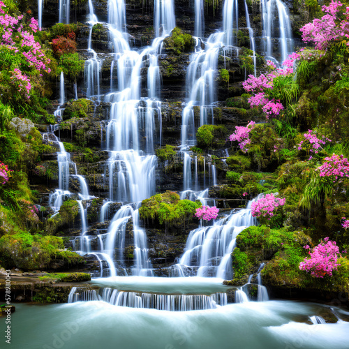 Small Waterfall In the Tropical Jungle Generative AI Art © Kevin S.