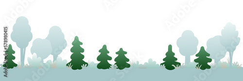 Trees and pines. Winter landscape with snowdrifts and snow. View of white cold nature. Cartoon fun style. Flat design. Isolated on white background. Horizontally composition. Vector
