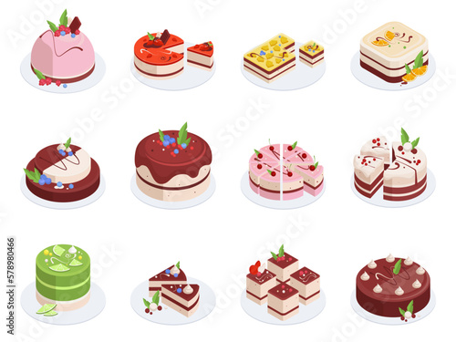 Isometric Birthday cakes. Festive cake with chocolate or vanilla frosting and fruits, birthday party baked cakes 3d vector illustration set. Sweet pastry cakes