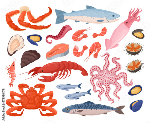 Cartoon raw sea food. Fish, lobster, oyster, octopus and shellfish, delicious ocean seafood flat vector illustration set. Mediterranean diet elements