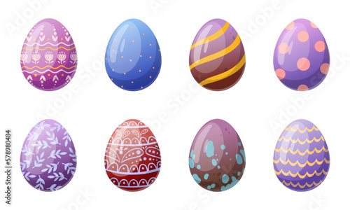 Easter eggs. Spring holiday painted egg, egg hunt chocolate traditional eggs flat cartoon vector illustration set