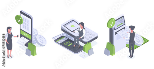 Isometric online payment. Woman use cash terminal, mobile phone and ATM, mobile purchase, mobile banking 3d vector illustrations set