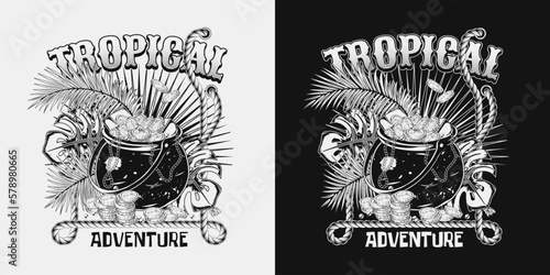 Monochrome label with tropical foliage, rope frame, cast iron pot full of gold coins, ingots, text. Detailed vector illustration in vintage style for treasure hunt, adventure.
