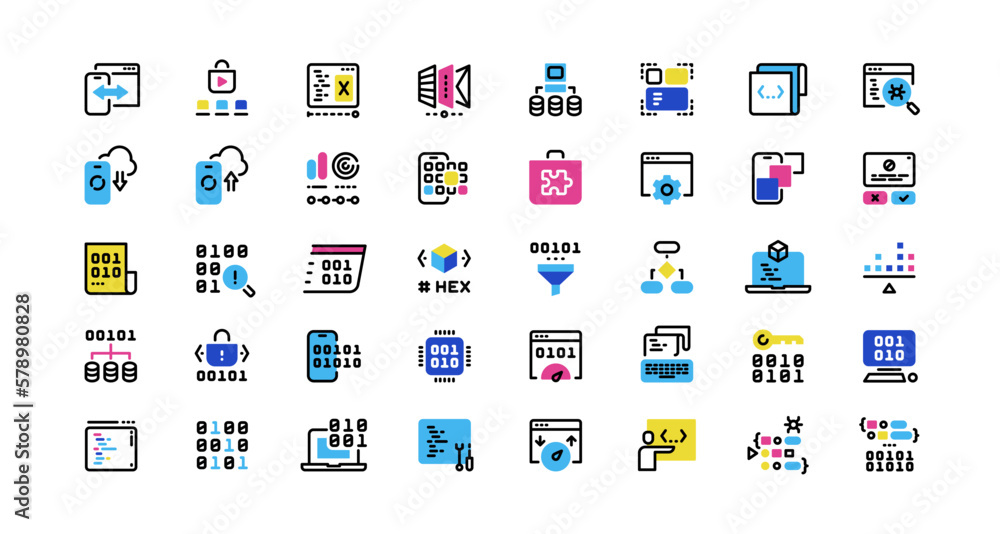 Software development line icons. Program coding, application architecture, front-end and back-end development, authorization security. Vector editable stroke Software development line icons. Program coding, application architecture, front-end and back-end development, authorization security. Vector editable stroke