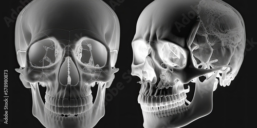 A radiograph or X-ray image of a human skull, showing both front and lateral views - Generative AI photo