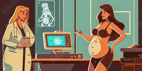 Illustration of a pregnant woman undergoing an ultrasound scan, with the technician and equipment visible in the background - Generative AI