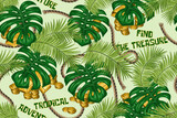 Tropical pattern with lush foliage, ropes, hidden treasure, pot with gold coins, ingots, text. Concept of treasure hunt, adventure. Detailed illustration for prints, clothing, hawaiian t shirt design
