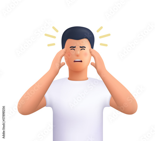 Young man in stress, holding hands on head. Migraine, stress, headache concept. 3d vector people character illustration. Cartoon minimal style.
