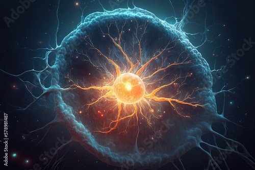 Space universe in a human brain cell. Structure of the human brain synapses. Generative AI 